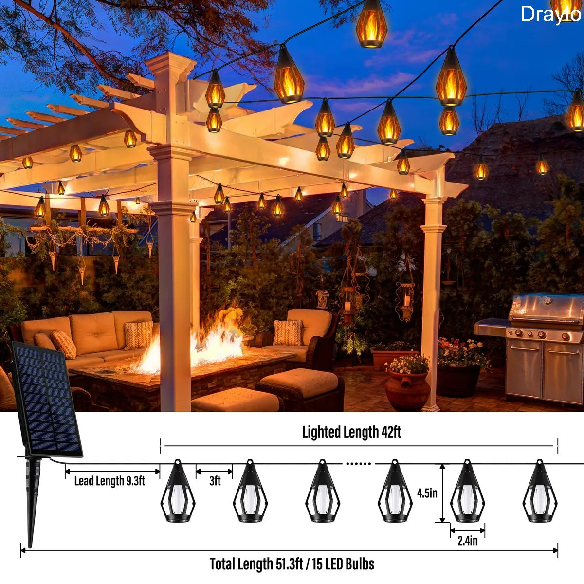 Solar Flame String Lights 42FT 15LED