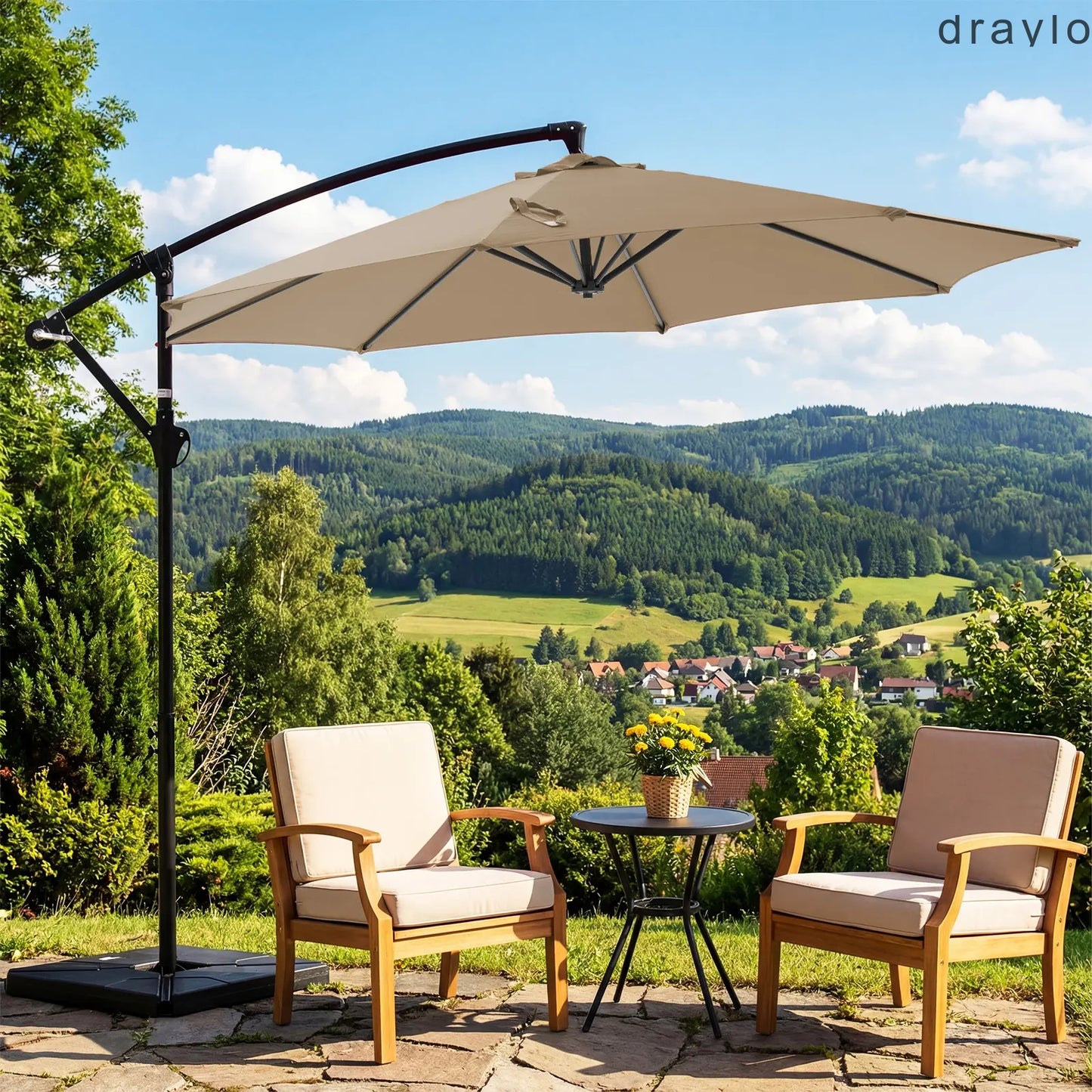 10ft Offset Outdoor Patio Umbrella with Base, Easy Tilt & Crank