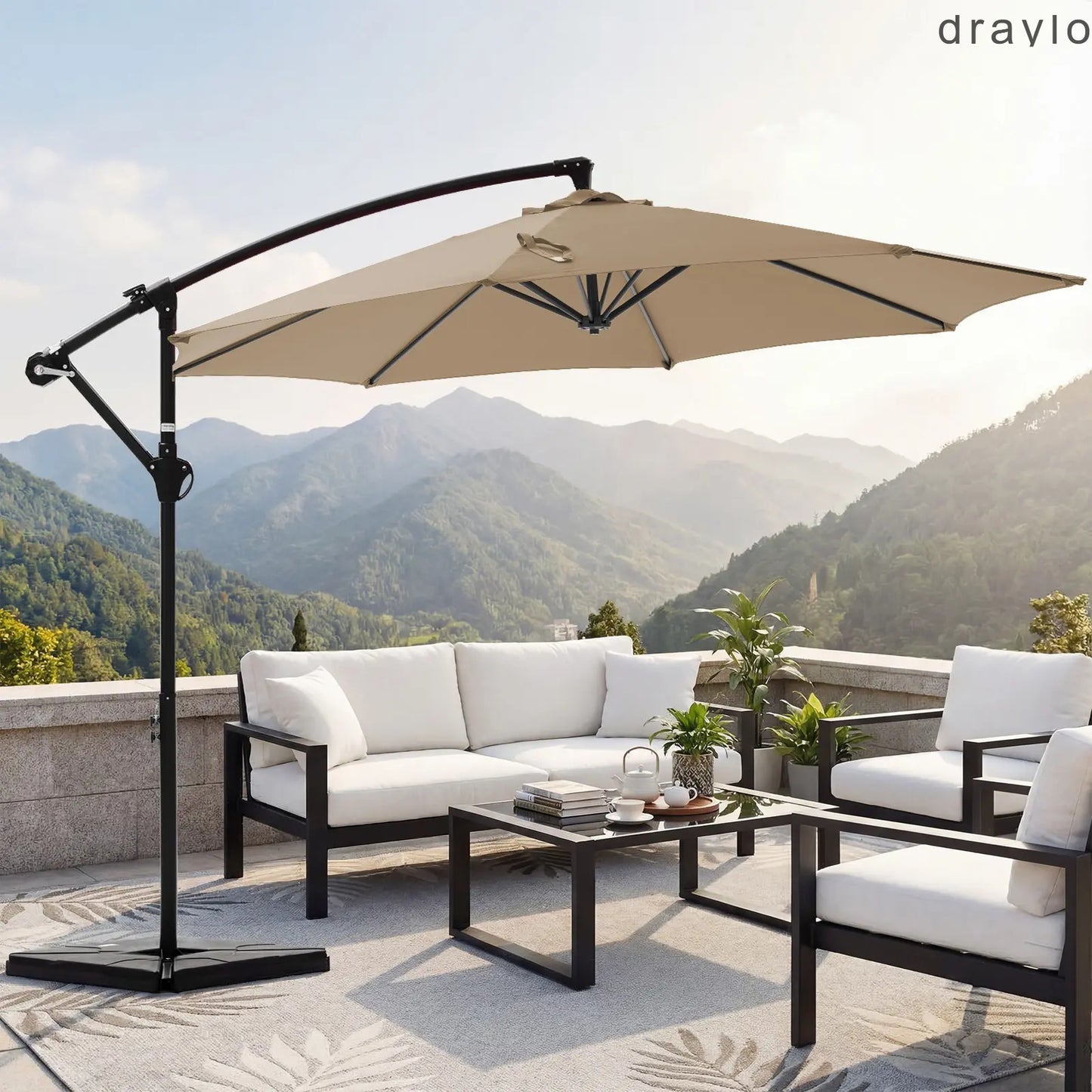 10ft Offset Outdoor Patio Umbrella with Base, Easy Tilt & Crank
